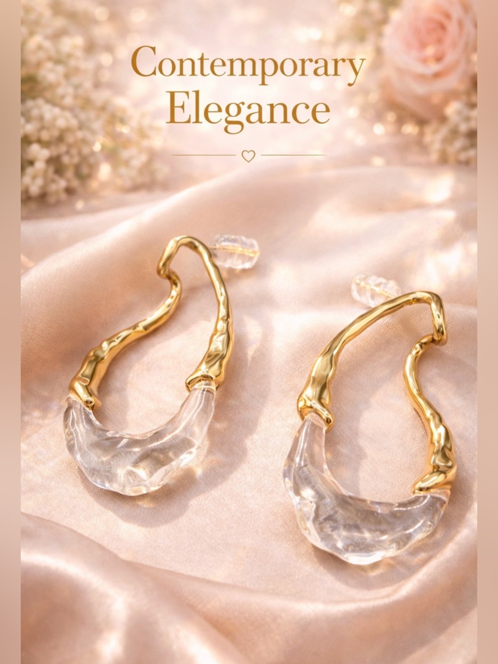 Gold and Clear Teardrop Statement Earrings - Women Jewelry - Picture 3 of 4